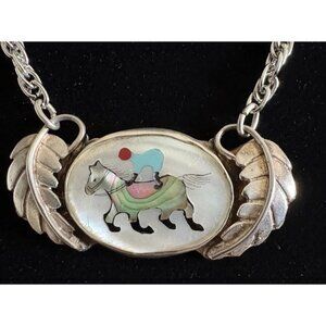 Vtg Zuni Multi-Stone Inlay Horse Jockey Pendant Sterling Silver Setting